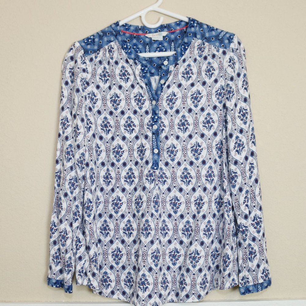 Boden Top Blouse Long Sleeve Popover Blue White 10